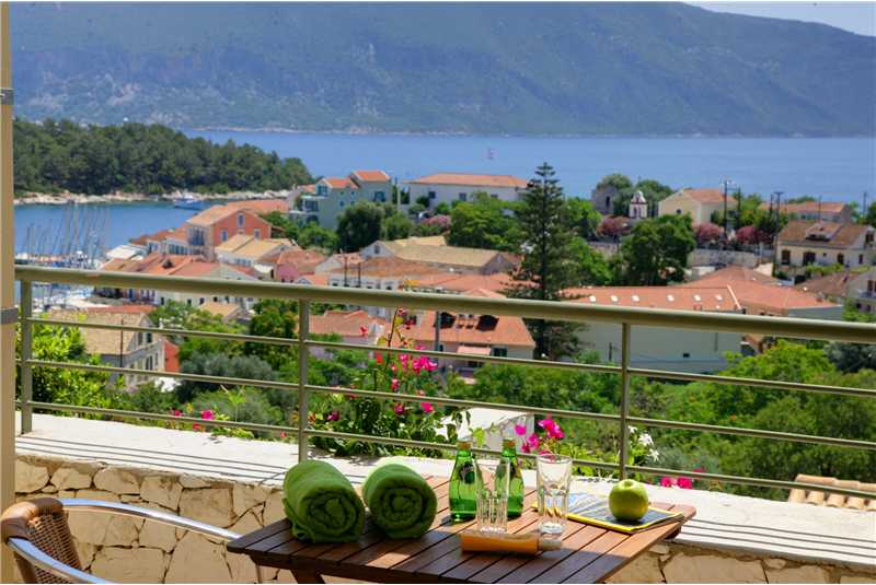 Villa Levanda view of Fiscardo Harbour from bedroom private balcony