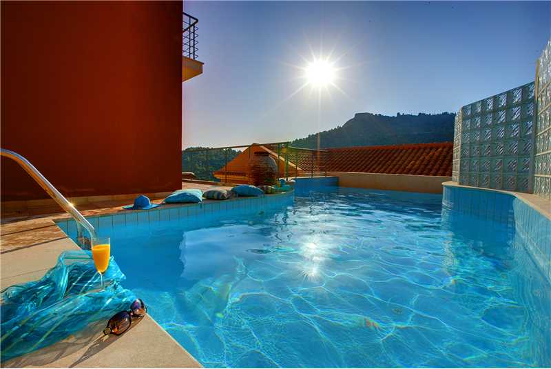 Villa Nikolis swimming pool with views of Assos Castle